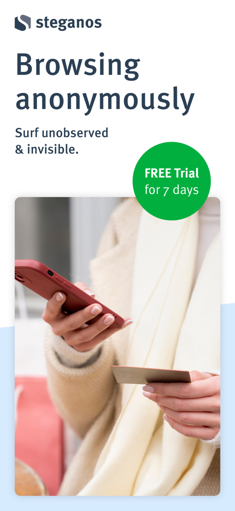 Steganos VPN Online Shield - A person using a smartphone and credit card securely with Steganos VPN Online Shield