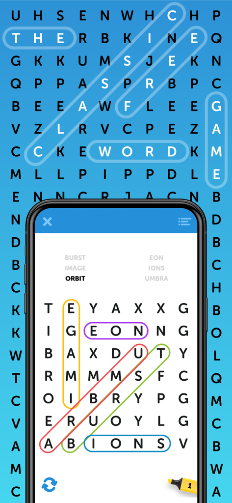 Simple Word Search Puzzles - Una pantalla de smartphone que muestra un colorido crucigrama con varias palabras resaltadas en diferentes colores