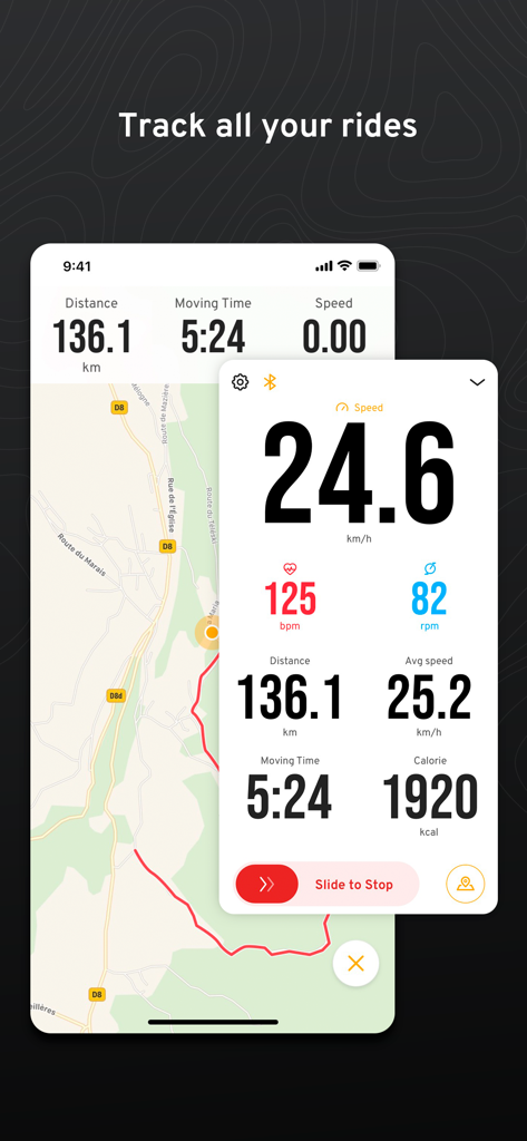 XOSS app interface showing a real-time cycling dashboard with speed, heart rate, cadence, and a GPS route map.