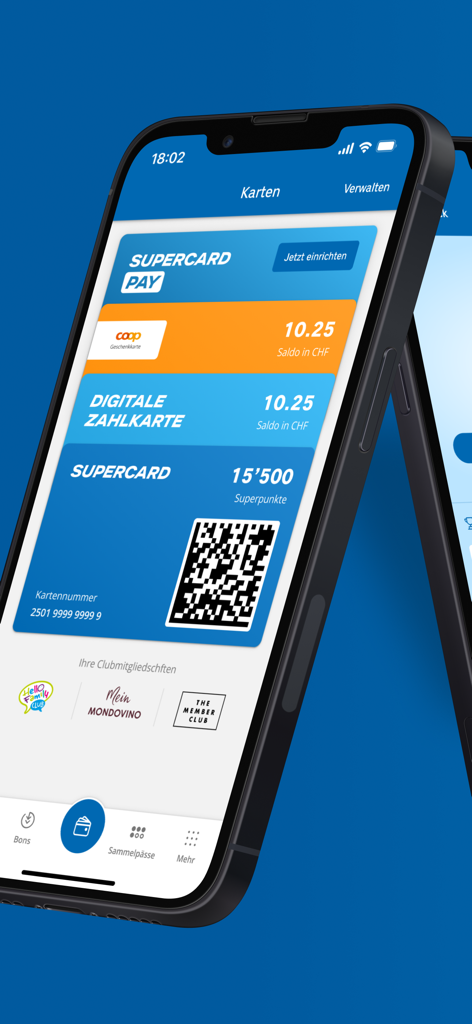 Smartphone exibindo a carteira digital da aplicação Supercard com pontos de fidelidade e código QR