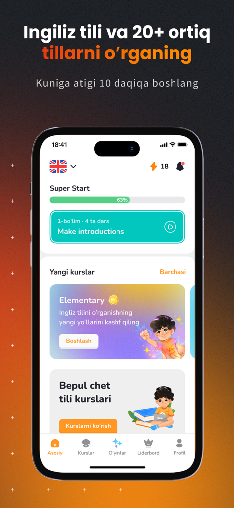 Ibrat Academy - Ibrat Academy mobile app dashboard showing English language learning modules and progress in Uzbek language
