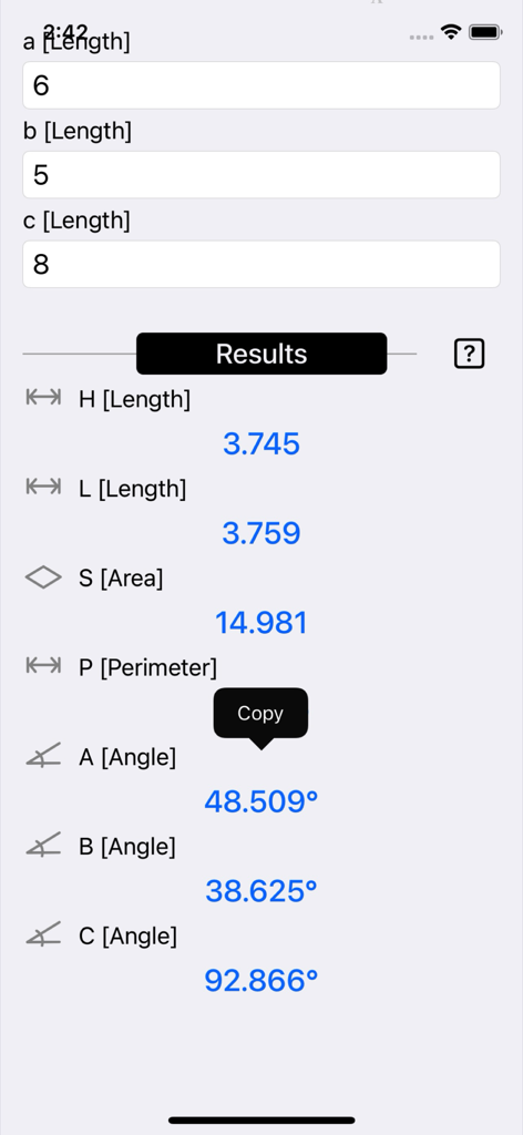 Triangle Calculator Plus - Triangle Calculator Plus interface displaying calculated values for area perimeter and angles based on three side lengths