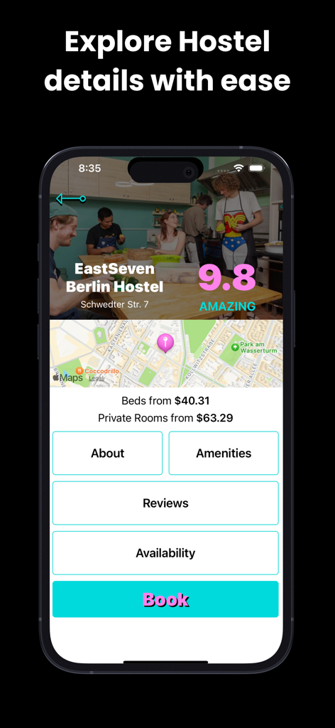 Pantalla de la aplicación Hostel GO que muestra los detalles del hostal con una ubicación en el mapa de 9.8 y botones de reserva