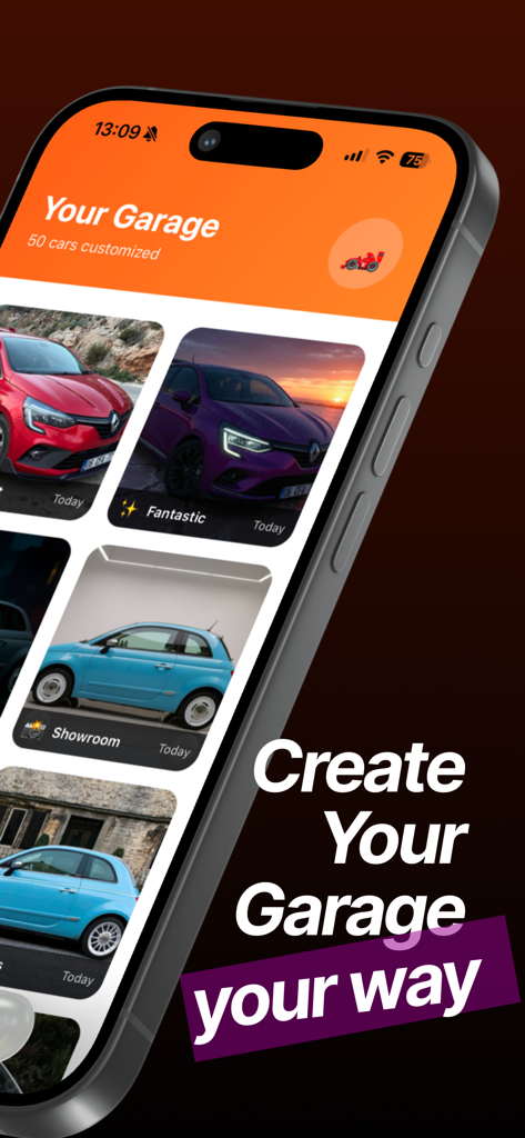 La sección Tu Garaje de la aplicación RevvUp Car Customizer AI mostrando una galería de modificaciones y diseños de vehículos guardados.