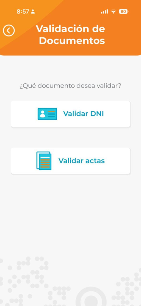 RNP MOVIL app interface showing document validation options for DNI and certificates