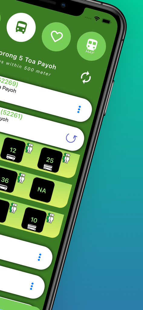 SG Bus (MRT map) - SG Bus app interface showing real-time bus arrival timings and seat occupancy levels