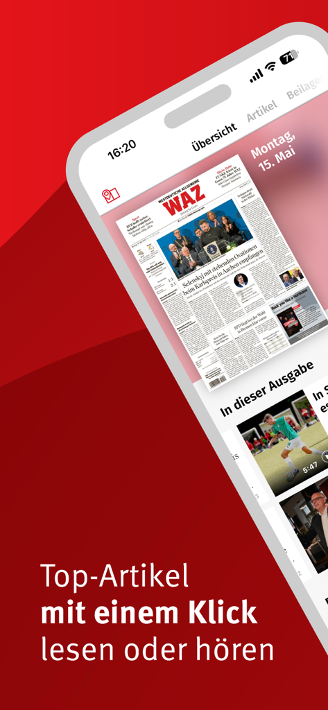 WAZ E-Paper - WAZ E-Paper App-Bildschirm, der digitale Zeitungsartikel und Höroptionen auf Deutsch anzeigt