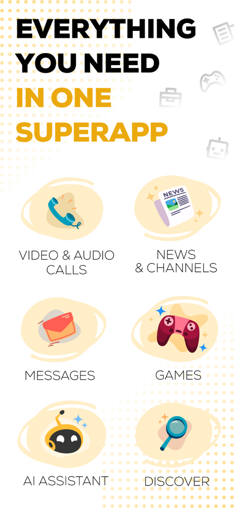 Tawasal SuperApp - Promotional graphic for Tawasal SuperApp displaying icons for video and audio calls news messages games AI assistant and discover