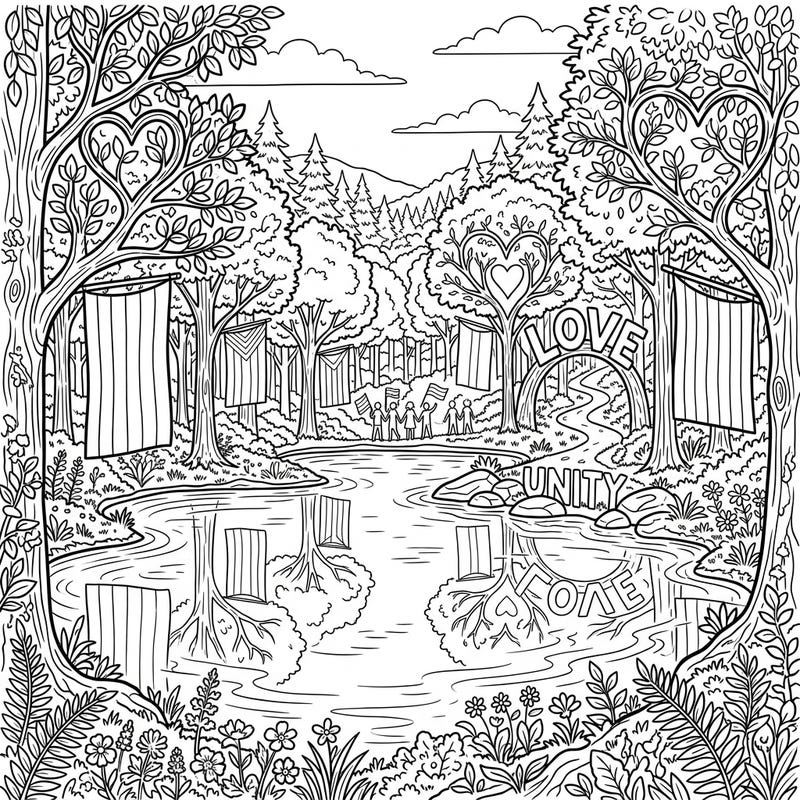 Immerse yourself in a beautiful forest lake scene, reimagined with the vibrant spirit of Pride. This enchanting coloring page features symbols of love, unity, and diversity amidst a serene natural landscape, perfect for mindful coloring.
