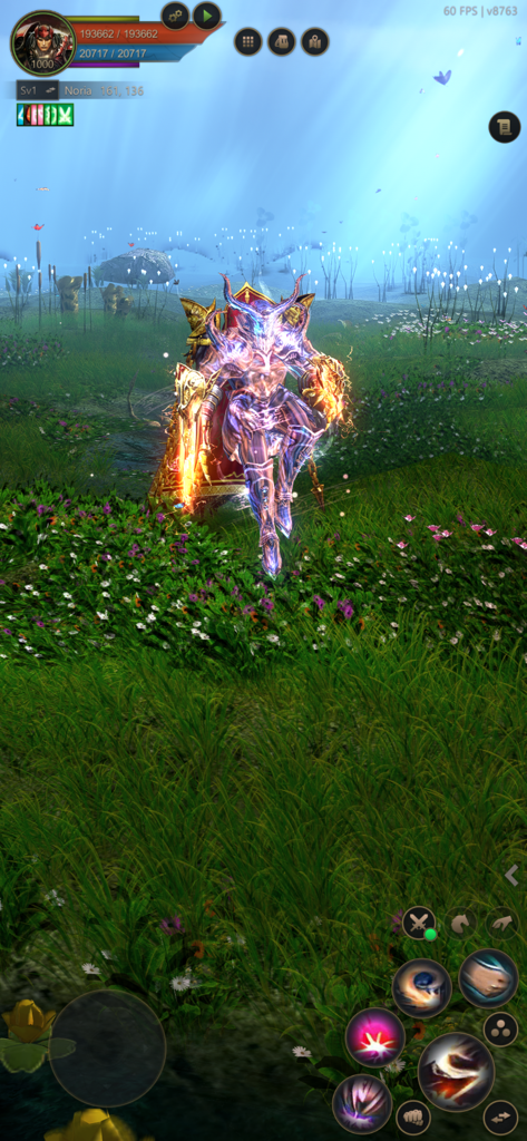 MEGAMU - A glowing character with powerful armor and wings sitting in a green flowery field in MEGAMU mobile