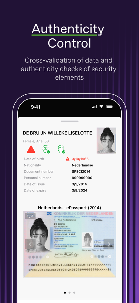 Regula Document Reader - Smartphone screen showing the Regula Document Reader app performing an authenticity check and data validation on a passport