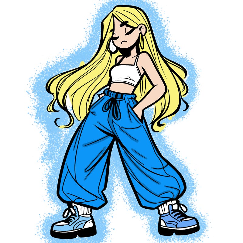 girl in baggy pants crop top and long hair