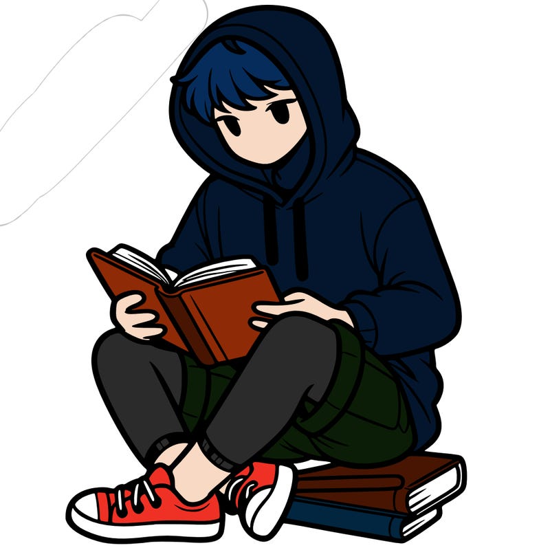 a guy the hoodie and shorts reading a book