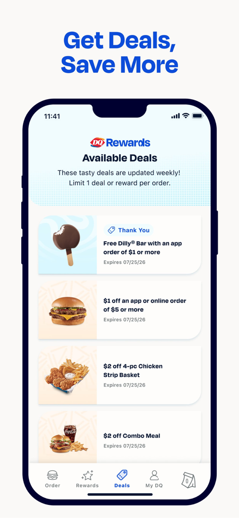 Dairy Queen mobile app screen showing available weekly deals and rewards for food and treats