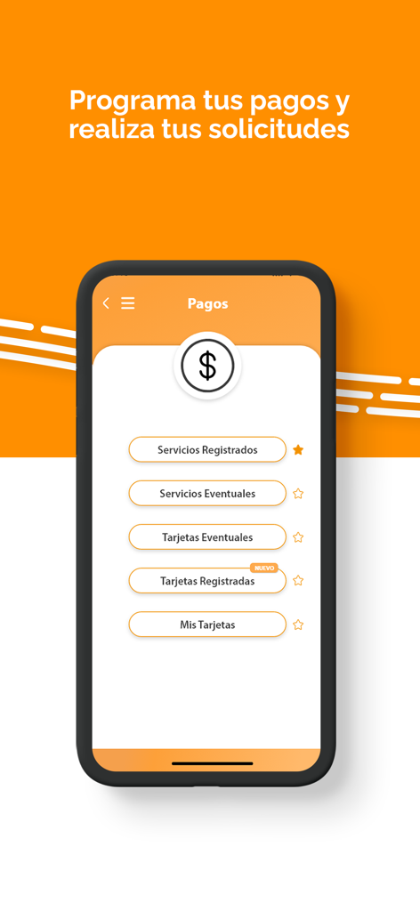 Pantalla de la aplicación Banca Movil que muestra opciones de pago para servicios registrados y tarjetas de crédito