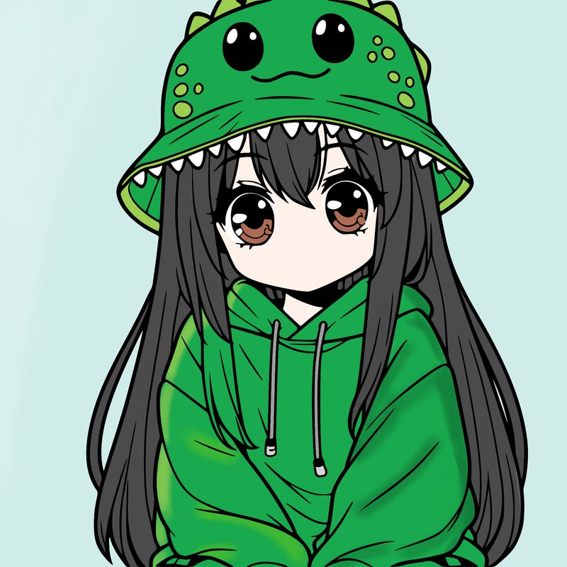 girl with anime shaped eyes with a dinosaur bucket hat oversized sweatshirt long straight hair