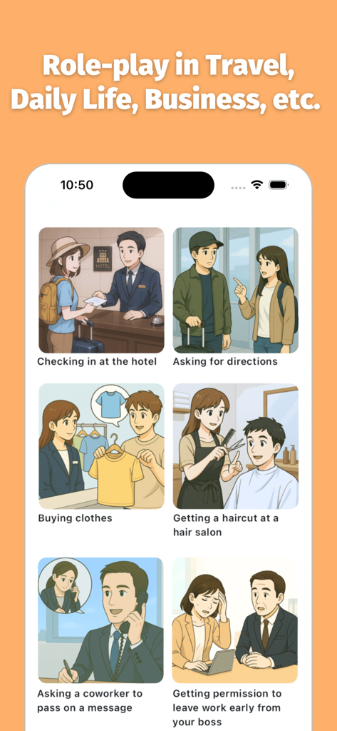 Meshclass: AI Japanese Tutor - 여행 및 비즈니스를 위한 다양한 일본어 회화 역할극 시나리오를 보여주는 Meshclass 앱 화면