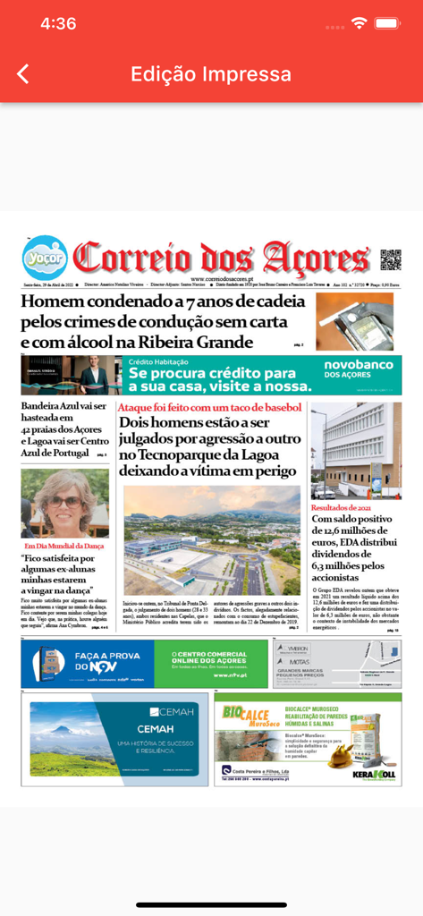 Correio dos Açores - Primeira página da edição impressa do jornal Correio dos Açores apresentada dentro da aplicação móvel.