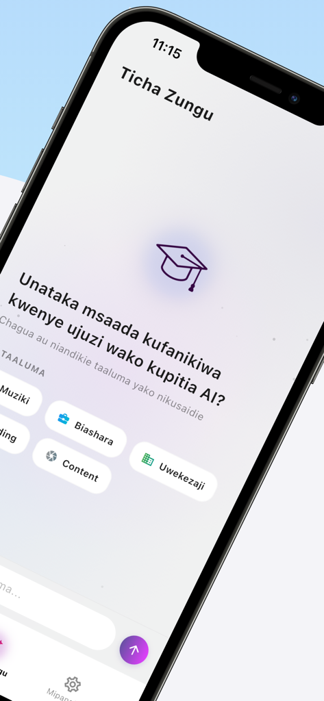 Ticha Zungu - Una schermata di smartphone che mostra l'interfaccia dell'app Ticha Zungu con opzioni di mentoring AI per competenze di carriera come business e investimenti.