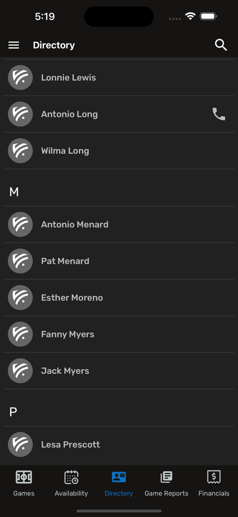 Assignr app directory screen showing an alphabetical list of sports officials names