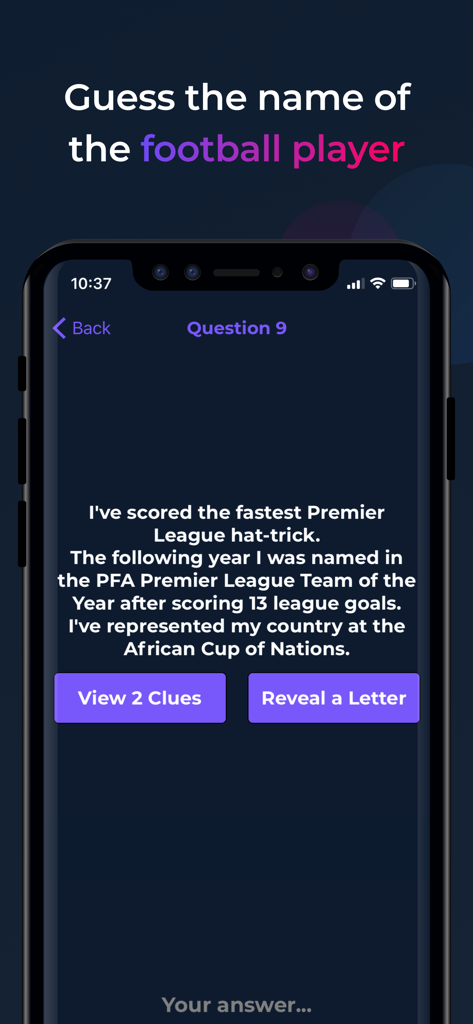 Football Quiz - Who Am I? - Football quiz mobile app showing a player guessing trivia question