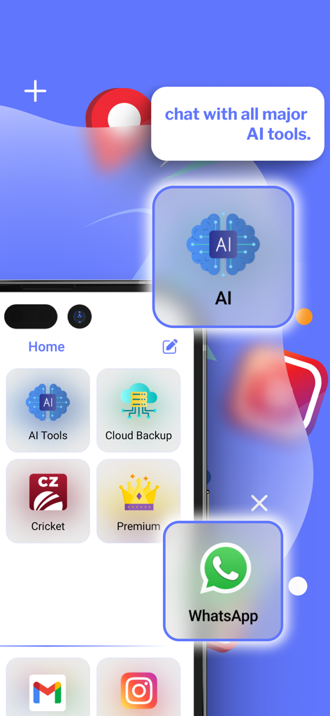Painel do aplicativo Dual Accounts mostrando ferramentas de IA e integração com conta WhatsApp