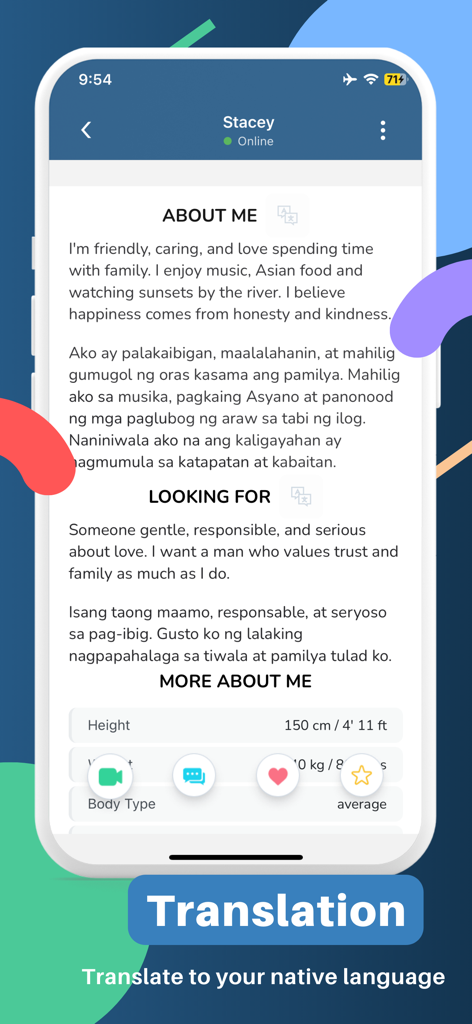 TrulyAsian - Asian Dating - TrulyAsianアプリのユーザープロフィール、メッセージとプロフィール詳細の組み込み翻訳機能を表示。