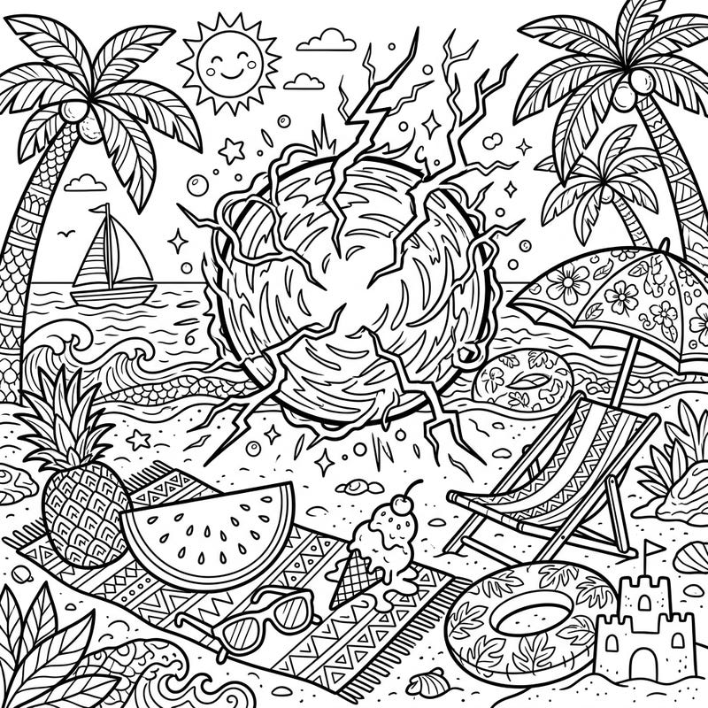 Unleash your creativity with this extraordinary coloring page featuring a mesmerizing ball of lightning amidst a joyful summer beach scene. Discover tropical delights, ocean waves, and classic beach items waiting for your colorful touch.