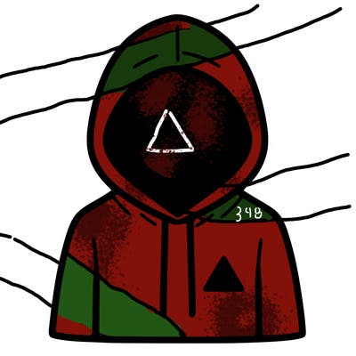 a person with non face waering a hoodie with a small triangle symbol