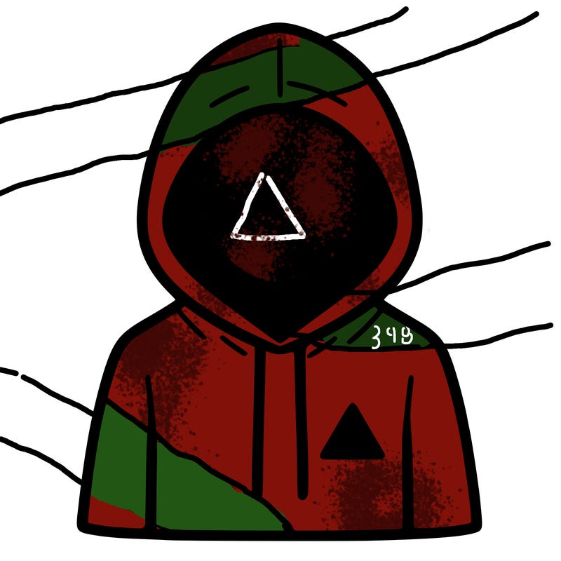 a person with non face waering a hoodie with a small triangle symbol