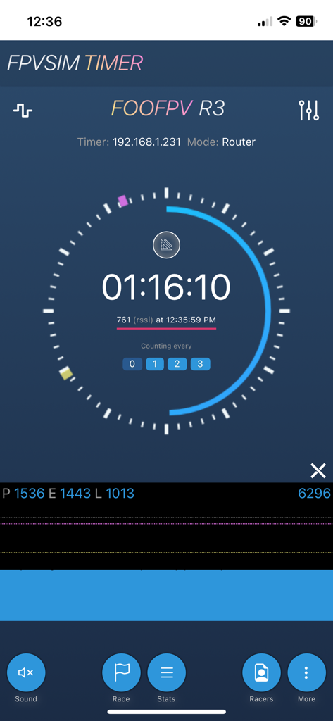 FPVSIM-TIMER - La interfaz de la aplicación FPVSIM-TIMER muestra un cronómetro de vuelta circular y métricas de intensidad de señal RSSI para carreras de drones.