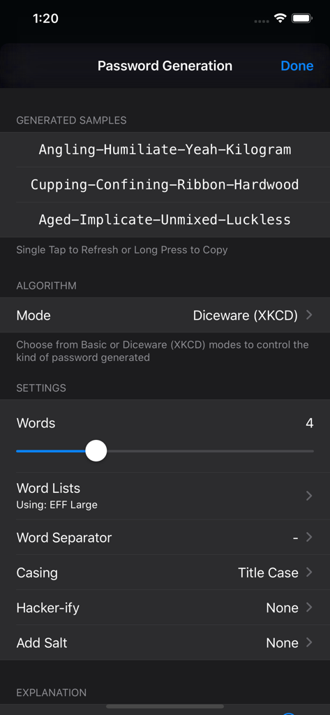 Strongbox Proのパスワード生成インターフェイス。ディウェアXKCDの設定と生成されたパスワードのサンプルが表示されています。