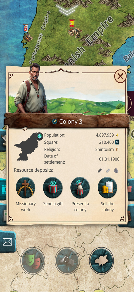 20th c 1 – President Simulator - Colony management menu showing population and resource statistics in President Simulator game