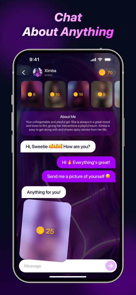 AI Girlfriend & Companion Chat - Interfaz de la aplicación móvil AI Girlfriend y Companion Chat que muestra una conversación con un personaje virtual llamado Ximba, incluyendo desbloqueo de fotos borrosas.