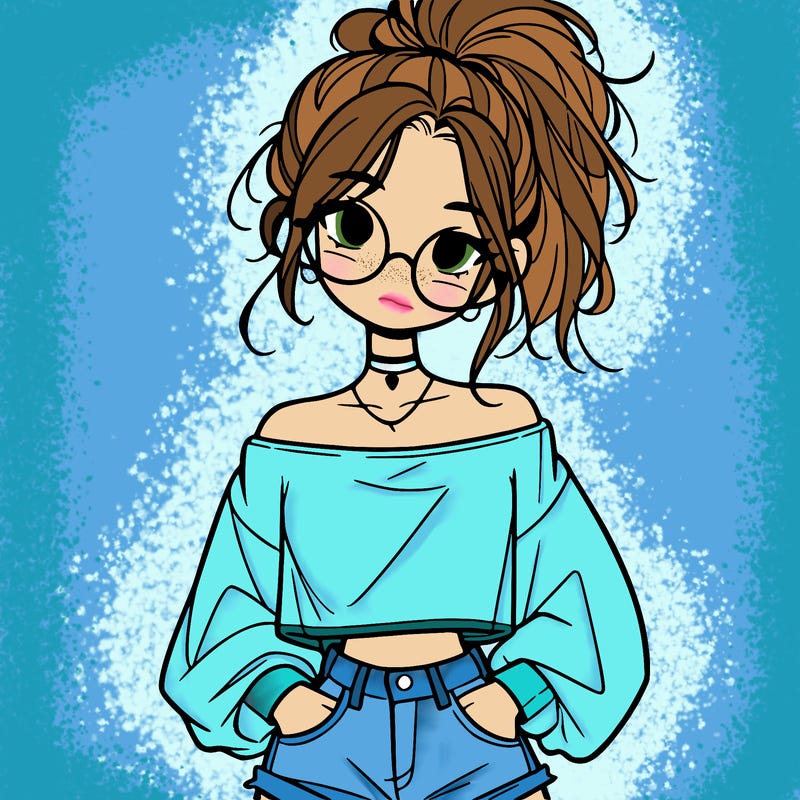 girl with a messy ponytail glasses a baggy crop top and jean shorts