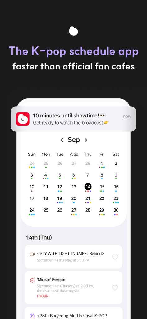 Blip app interface displaying a Kpop idol schedule calendar and a showtime push notification alert