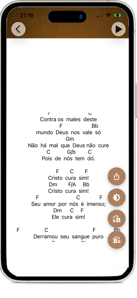 Harpa Cristã e Corinhos - A screenshot of the Harpa Crista app showing religious lyrics in Portuguese with musical chords and navigation icons.