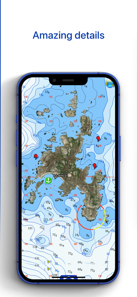Flytomap All in One HD Charts - iPhone screen displaying detailed nautical charts with depth contours and markers from the Flytomap app
