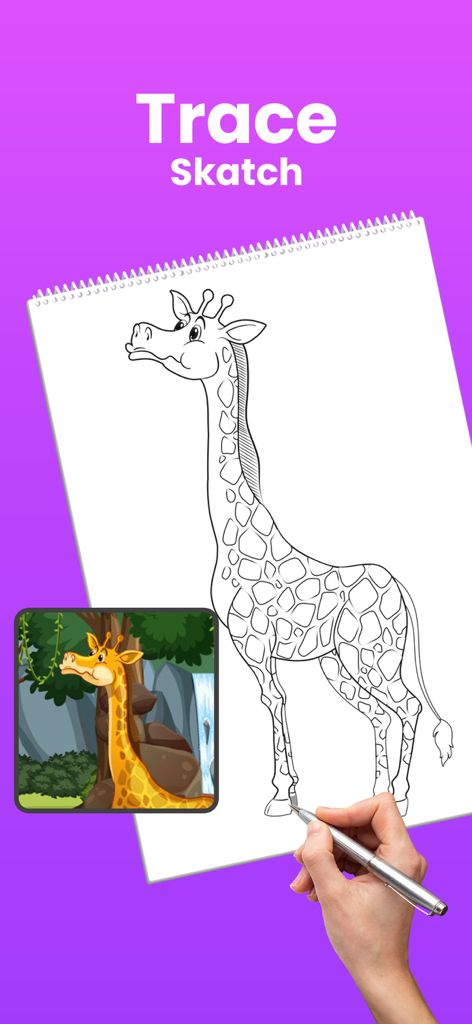 AR Draw Sketch Paint Trace - Hand sketching a giraffe outline on a notebook using the AR Draw Sketch app tracing feature