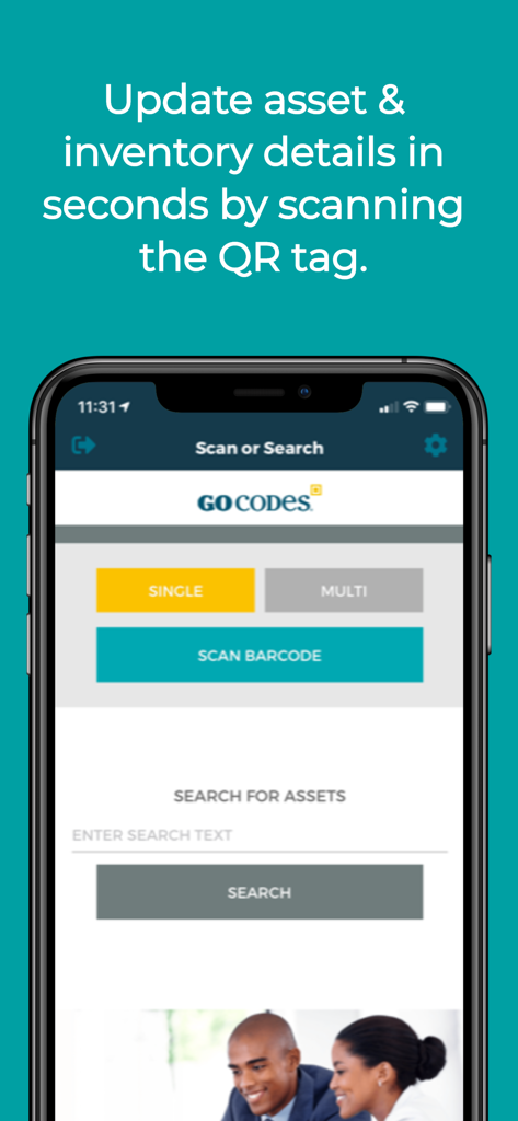 GoCodes Asset Tracking - GoCodes app interface for scanning asset barcodes and searching inventory