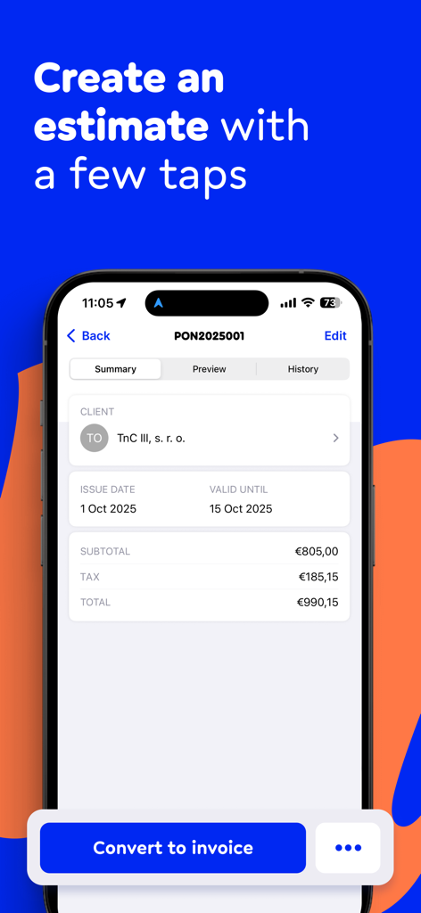Invoice Maker Estimate Billdu - Mobile app interface showing a business estimate summary with a convert to invoice button