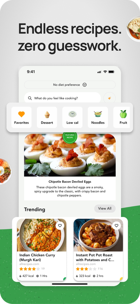 MealMatch AI: Meal Planner - Mobile app screen showing healthy meal recipes and search categories