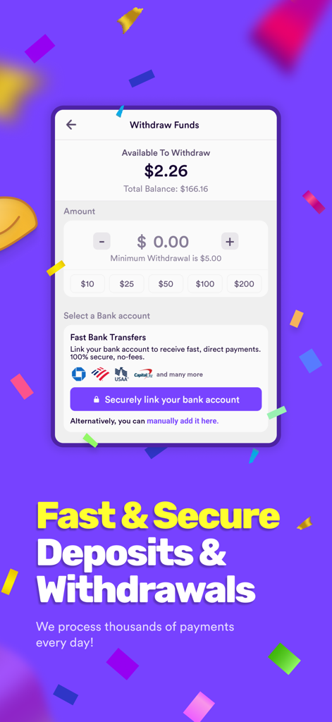 Dabble app user interface for fast and secure fund withdrawals and bank account linking