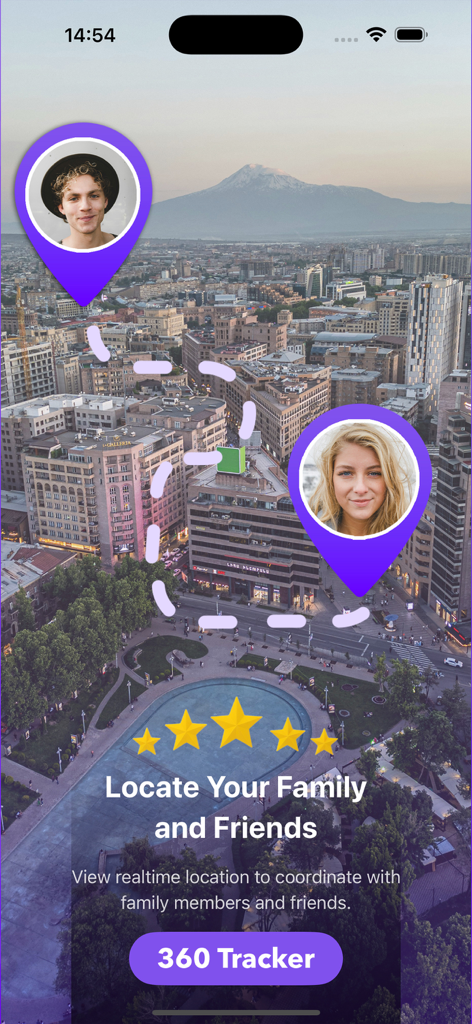 SpyNger: Find Family & Friends - Real-time family and friends location tracking on a city map with purple pins