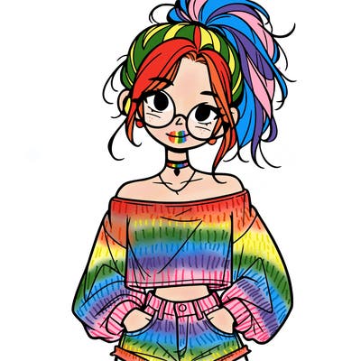 girl with a messy ponytail glasses a baggy crop top and jean shorts