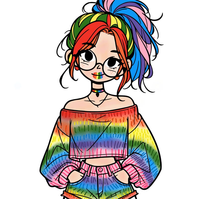 girl with a messy ponytail glasses a baggy crop top and jean shorts