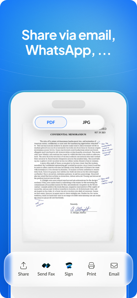 Scan.Plus mobile app interface showing document sharing options including email, fax, and electronic signature.