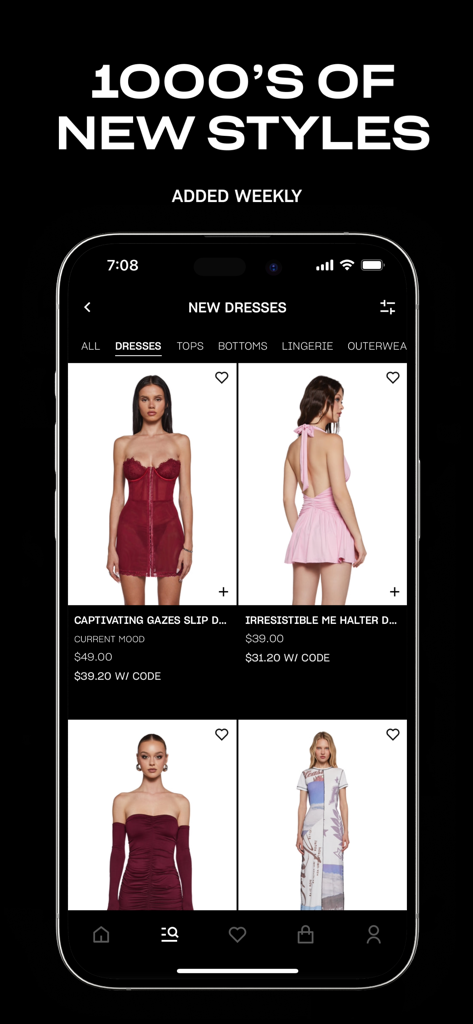 Dolls Kill - Interfaz de la app móvil Dolls Kill mostrando una colección de nuevos estilos de vestidos con precios y filtros de categoría.