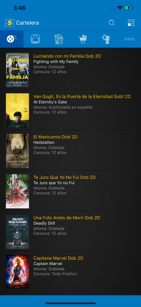 Supercines - Supercines app screen showing a list of available movies in theaters with posters and ratings
