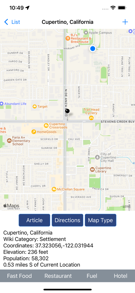 WikiPal USA - WikiPal USA app interface displaying a map of Cupertino California with settlement data and navigation buttons